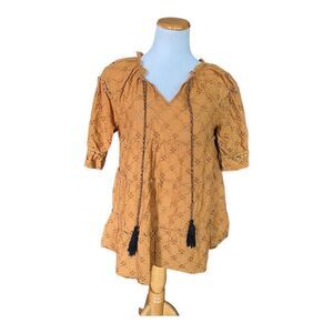 Womens Studio West Vintage Mustard Eyelet Boho Tassel Top Blouse - Sz S